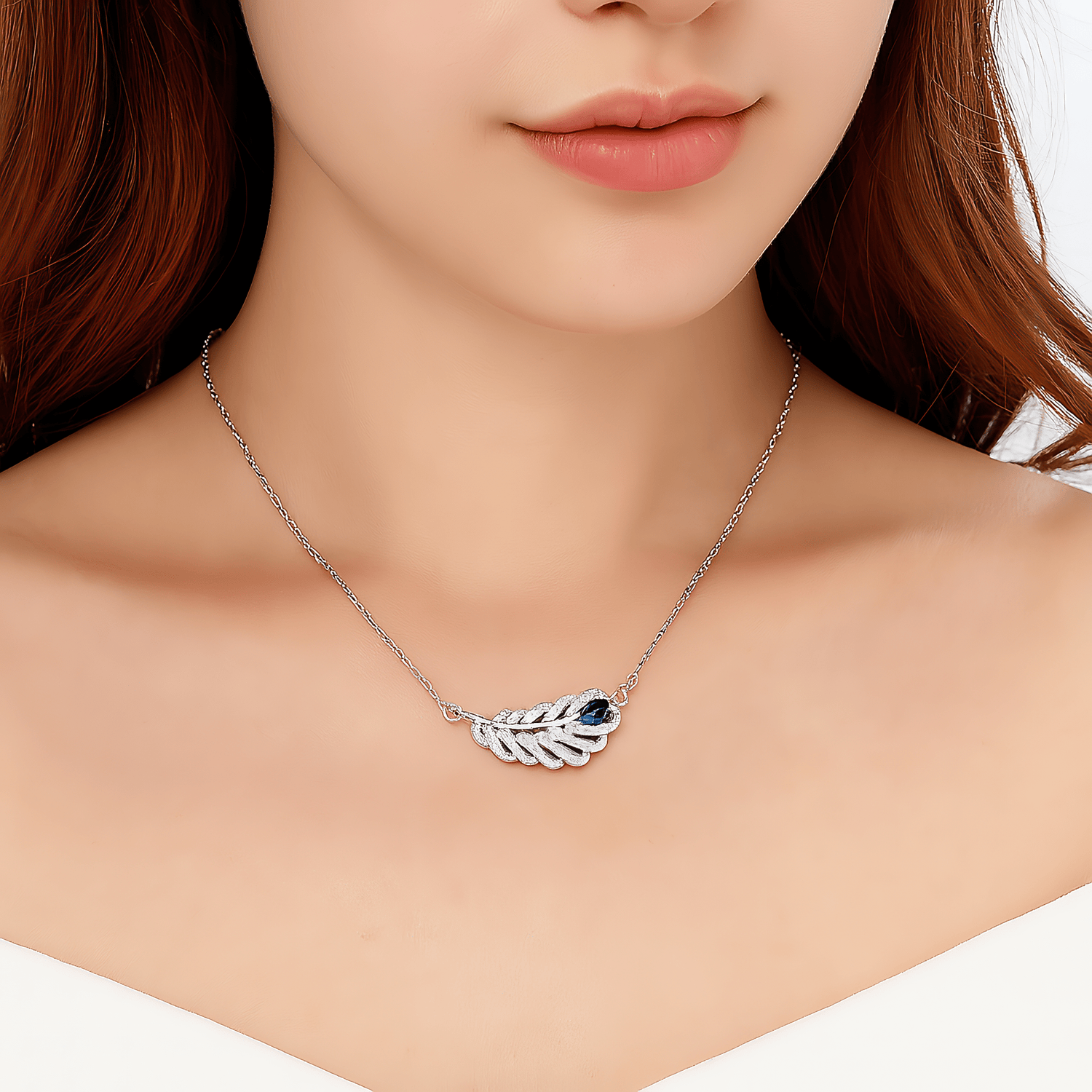 Sterling Silver Feather Necklace with Blue Gemstone - NAFALUXE