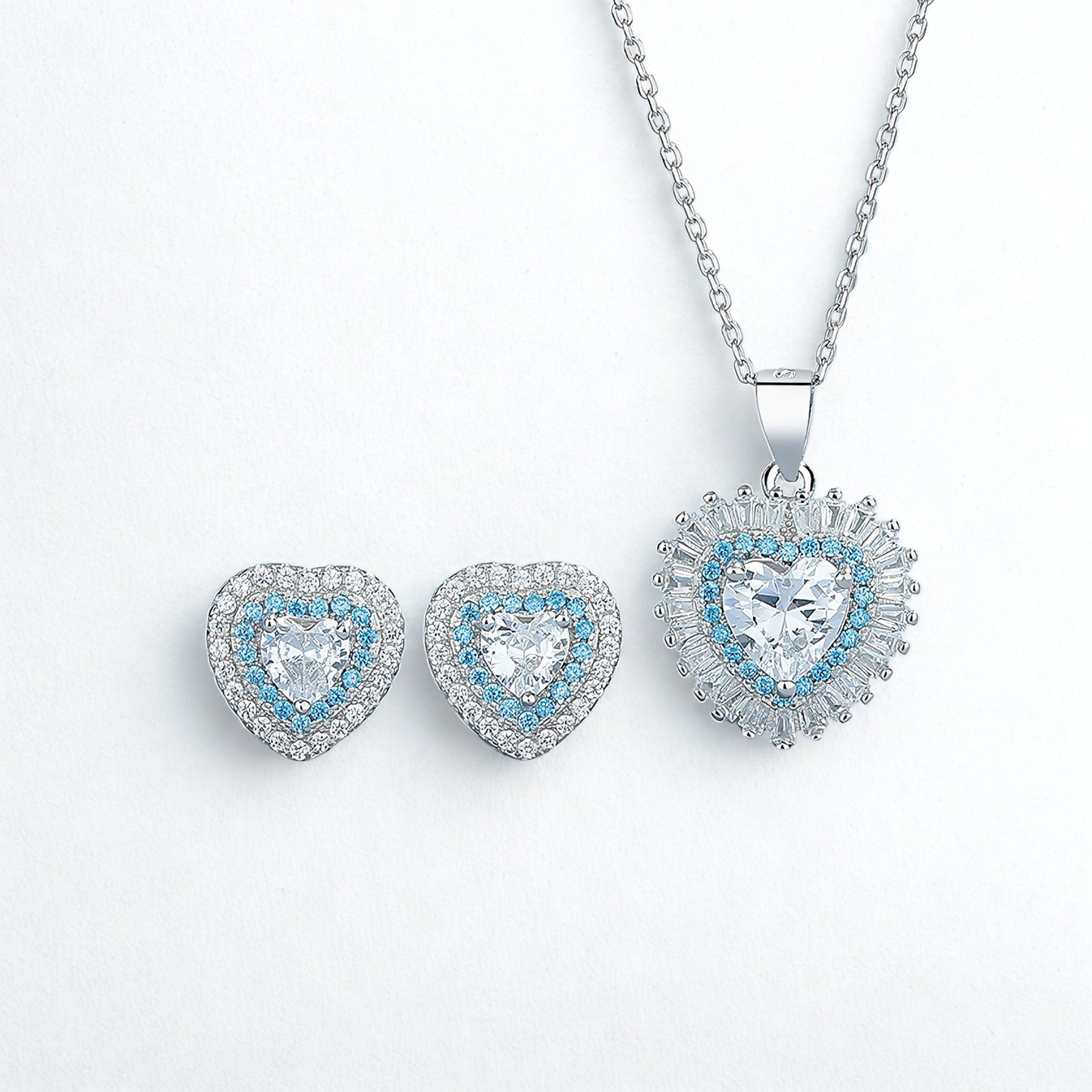 Sterling Silver Heart Halo Set with Blue Accents - NAFALUXE