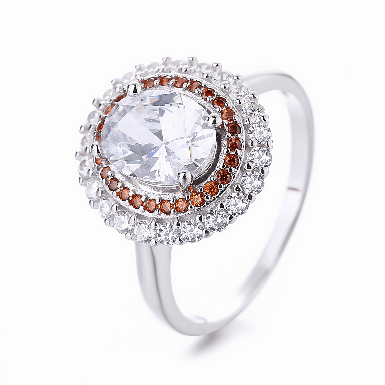 Sunfire Halo – Sterling Silver Ring with Brilliant - Cut Center and Dual Halo of White & Orange - Green CZ - NAFALUXE