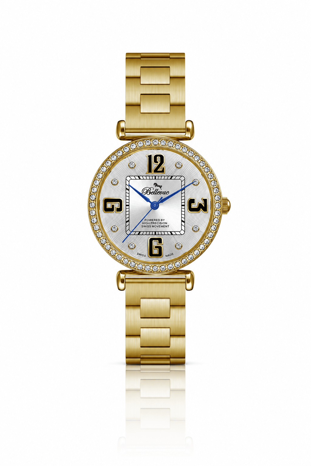 Titolo: Orologio da donna Bellevue con cristalli dorati, 35 mm – Quarzo Ronda | Bracciale in acciaio inossidabile - NAFALUXE