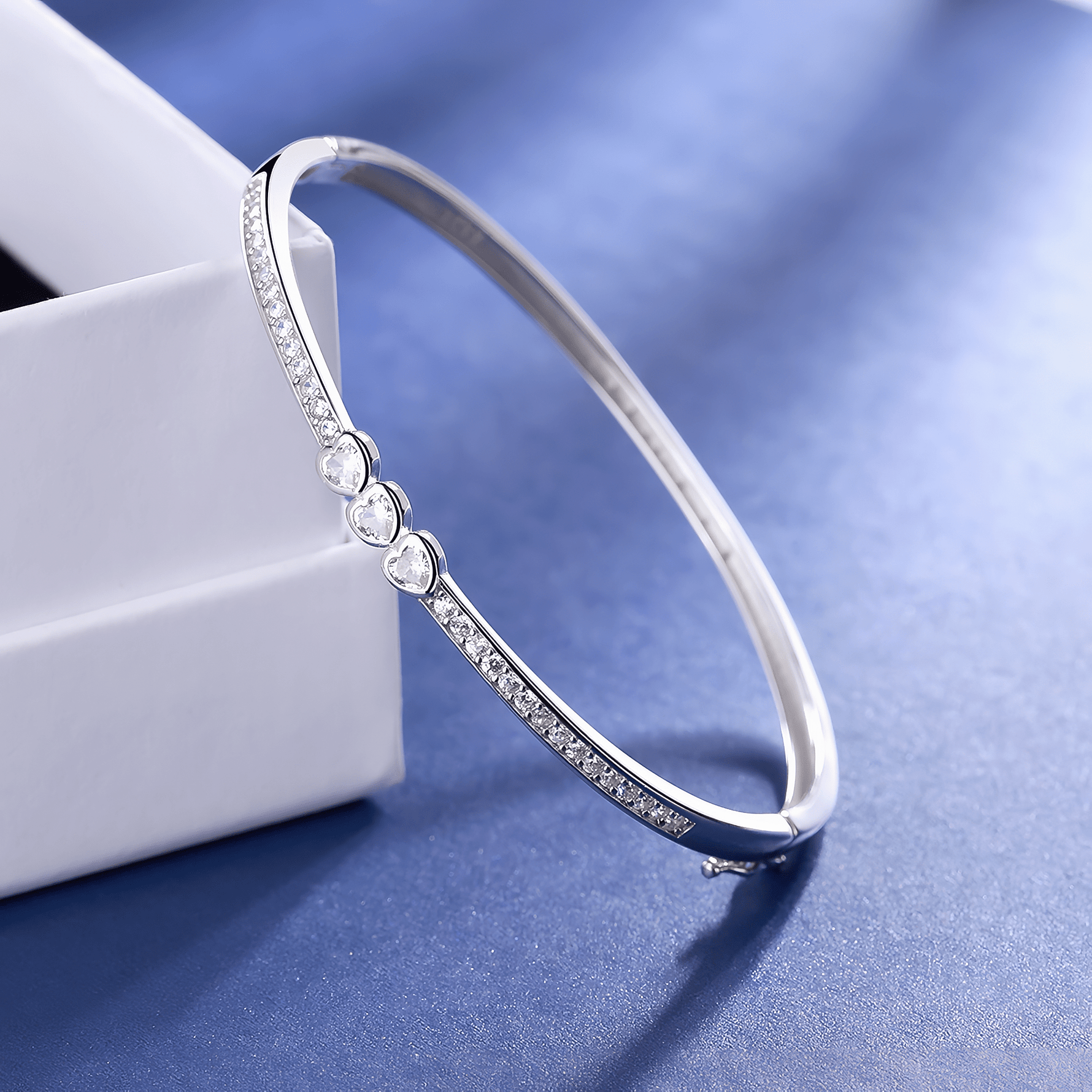 Triple Heart Bangle Bracelet with Sparkling Stones Sterling Silver 925 - NAFALUXE