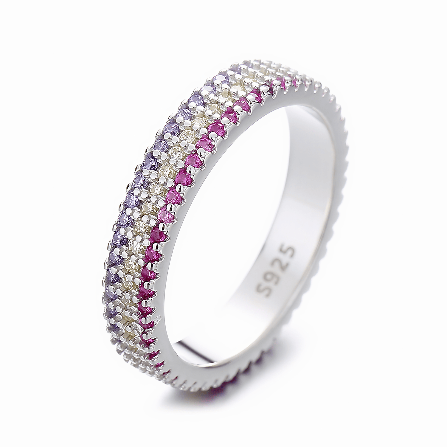 Twilight Bloom – Sterling Silver Band with Pink, Lavender & White CZ Pavé - NAFALUXE