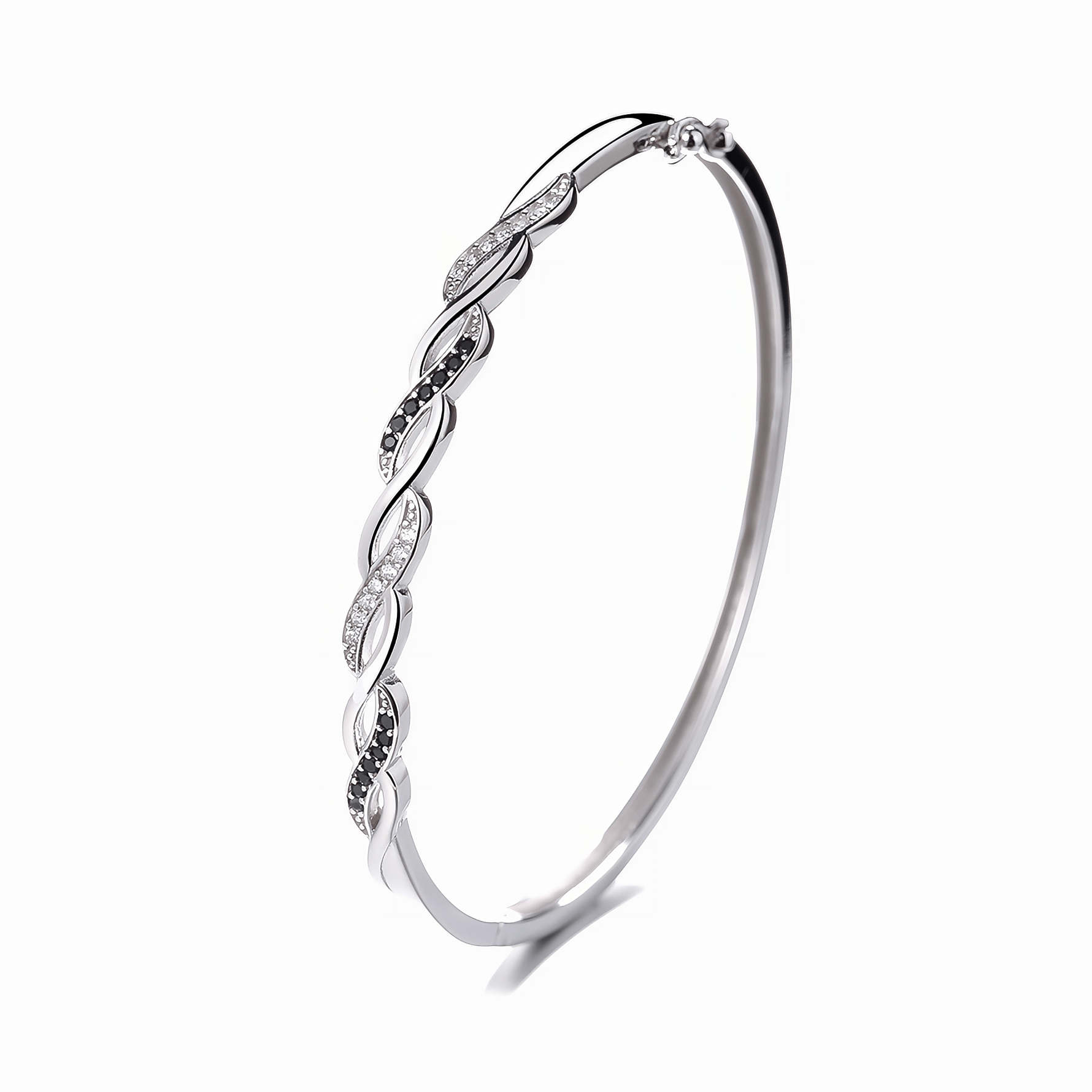 Twist Bangle Bracelet with Black and White Stones Sterling Silver 925 - NAFALUXE